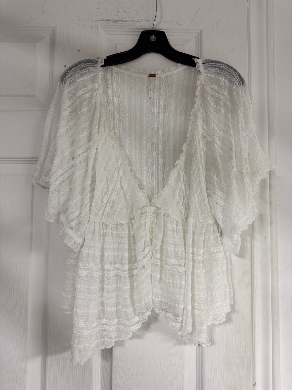 Free People White Sheer Lace Flutter Sleeve Blouse